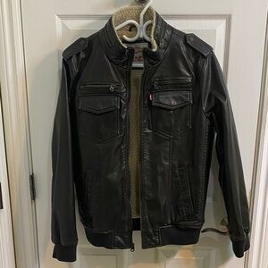 Levi's Men's Faux Leather Sherpa Lined Dark  Brown Bomber Jacket Size Small Fall